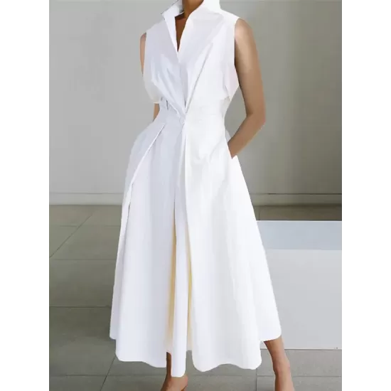 Sleeveless Solid Color Lapel Midi Dresses Sleeveless Solid Color Lapel Midi Dresses