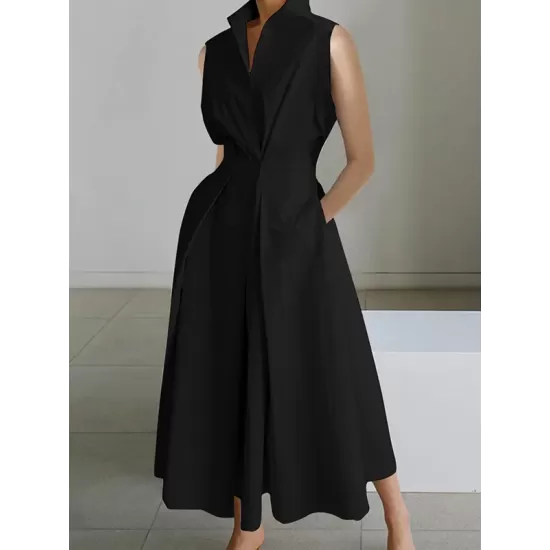 Sleeveless Solid Color Lapel Midi Dresses Sleeveless Solid Color Lapel Midi Dresses