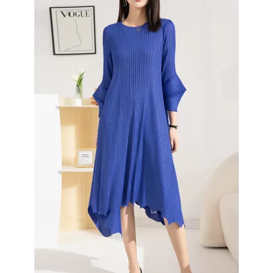 Pleated Solid Color Irregular clipping Loose Round-neck Midi Dresses Pleated Solid Color Irregular clipping Loose Round-neck Midi Dresses