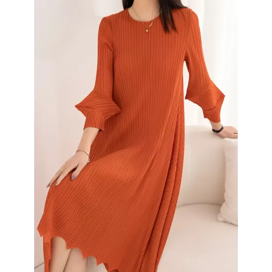 Pleated Solid Color Irregular clipping Loose Round-neck Midi Dresses Pleated Solid Color Irregular clipping Loose Round-neck Midi Dresses