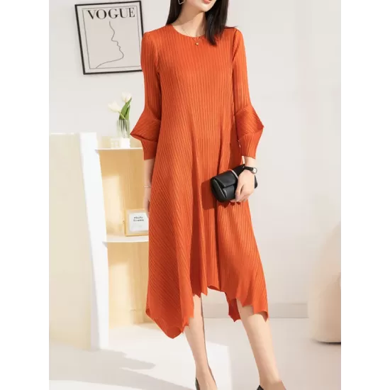 Pleated Solid Color Irregular clipping Loose Round-neck Midi Dresses Pleated Solid Color Irregular clipping Loose Round-neck Midi Dresses
