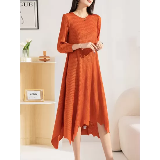 Pleated Solid Color Irregular clipping Loose Round-neck Midi Dresses Pleated Solid Color Irregular clipping Loose Round-neck Midi Dresses