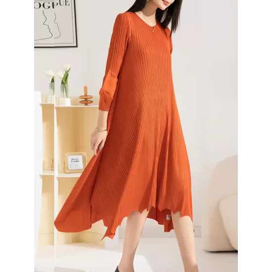 Pleated Solid Color Irregular clipping Loose Round-neck Midi Dresses Pleated Solid Color Irregular clipping Loose Round-neck Midi Dresses