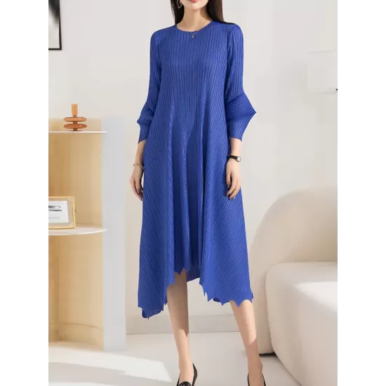 Pleated Solid Color Irregular clipping Loose Round-neck Midi Dresses Pleated Solid Color Irregular clipping Loose Round-neck Midi Dresses
