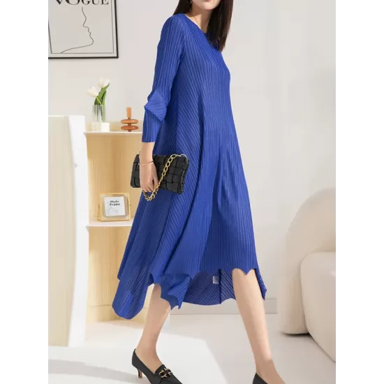 Pleated Solid Color Irregular clipping Loose Round-neck Midi Dresses Pleated Solid Color Irregular clipping Loose Round-neck Midi Dresses