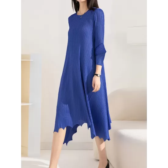 Pleated Solid Color Irregular clipping Loose Round-neck Midi Dresses Pleated Solid Color Irregular clipping Loose Round-neck Midi Dresses