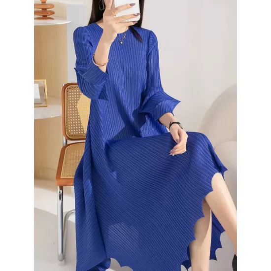 Pleated Solid Color Irregular clipping Loose Round-neck Midi Dresses Pleated Solid Color Irregular clipping Loose Round-neck Midi Dresses