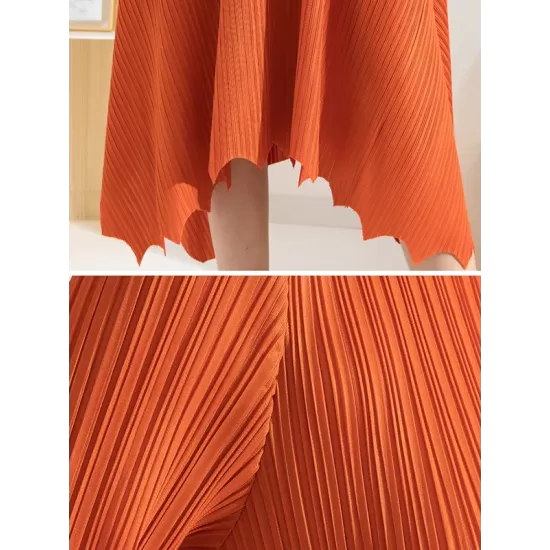 Pleated Solid Color Irregular clipping Loose Round-neck Midi Dresses Pleated Solid Color Irregular clipping Loose Round-neck Midi Dresses