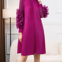 Embroidered Pleated Solid Color Long Sleeves Loose Round-neck Midi Dresses