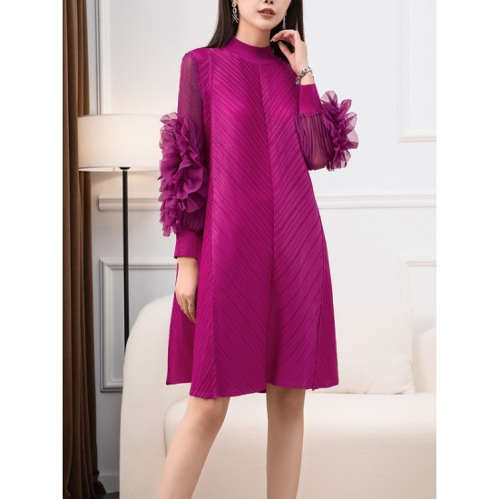 Embroidered Pleated Solid Color Long Sleeves Loose Round-neck Midi Dresses Embroidered Pleated Solid Color Long Sleeves Loose Round-neck Midi Dresses
