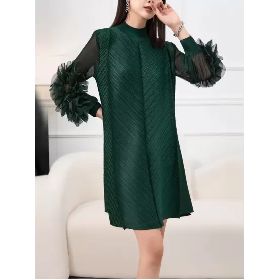 Embroidered Pleated Solid Color Long Sleeves Loose Round-neck Midi Dresses Embroidered Pleated Solid Color Long Sleeves Loose Round-neck Midi Dresses