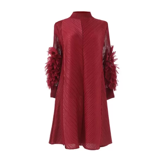 Embroidered Pleated Solid Color Long Sleeves Loose Round-neck Midi Dresses Embroidered Pleated Solid Color Long Sleeves Loose Round-neck Midi Dresses