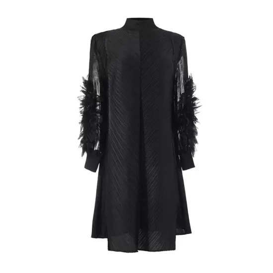 Embroidered Pleated Solid Color Long Sleeves Loose Round-neck Midi Dresses Embroidered Pleated Solid Color Long Sleeves Loose Round-neck Midi Dresses
