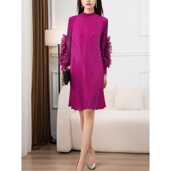 Embroidered Pleated Solid Color Long Sleeves Loose Round-neck Midi Dresses Embroidered Pleated Solid Color Long Sleeves Loose Round-neck Midi Dresses