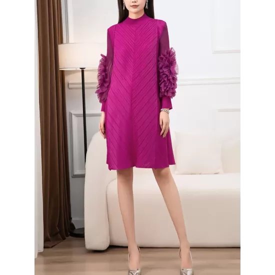 Embroidered Pleated Solid Color Long Sleeves Loose Round-neck Midi Dresses Embroidered Pleated Solid Color Long Sleeves Loose Round-neck Midi Dresses