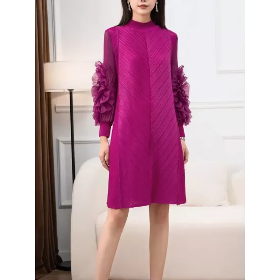 Embroidered Pleated Solid Color Long Sleeves Loose Round-neck Midi Dresses Embroidered Pleated Solid Color Long Sleeves Loose Round-neck Midi Dresses