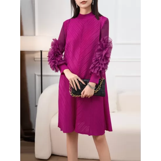 Embroidered Pleated Solid Color Long Sleeves Loose Round-neck Midi Dresses Embroidered Pleated Solid Color Long Sleeves Loose Round-neck Midi Dresses