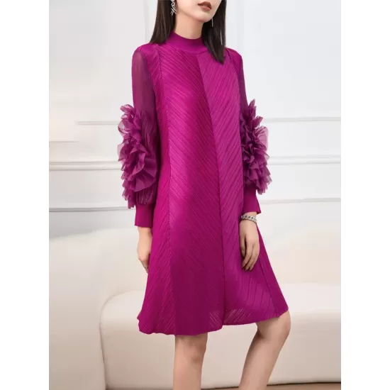 Embroidered Pleated Solid Color Long Sleeves Loose Round-neck Midi Dresses Embroidered Pleated Solid Color Long Sleeves Loose Round-neck Midi Dresses