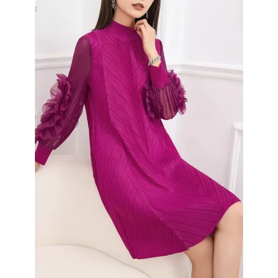 Embroidered Pleated Solid Color Long Sleeves Loose Round-neck Midi Dresses Embroidered Pleated Solid Color Long Sleeves Loose Round-neck Midi Dresses