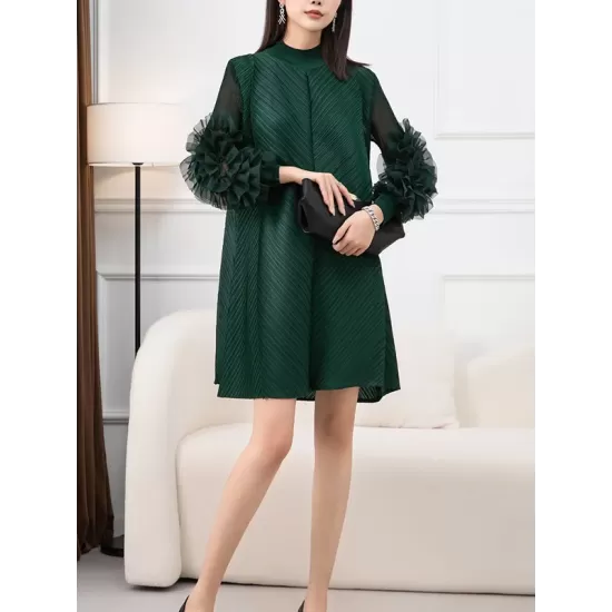 Embroidered Pleated Solid Color Long Sleeves Loose Round-neck Midi Dresses Embroidered Pleated Solid Color Long Sleeves Loose Round-neck Midi Dresses