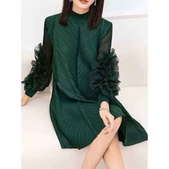 Embroidered Pleated Solid Color Long Sleeves Loose Round-neck Midi Dresses Embroidered Pleated Solid Color Long Sleeves Loose Round-neck Midi Dresses