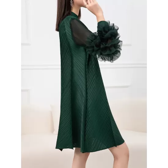 Embroidered Pleated Solid Color Long Sleeves Loose Round-neck Midi Dresses Embroidered Pleated Solid Color Long Sleeves Loose Round-neck Midi Dresses