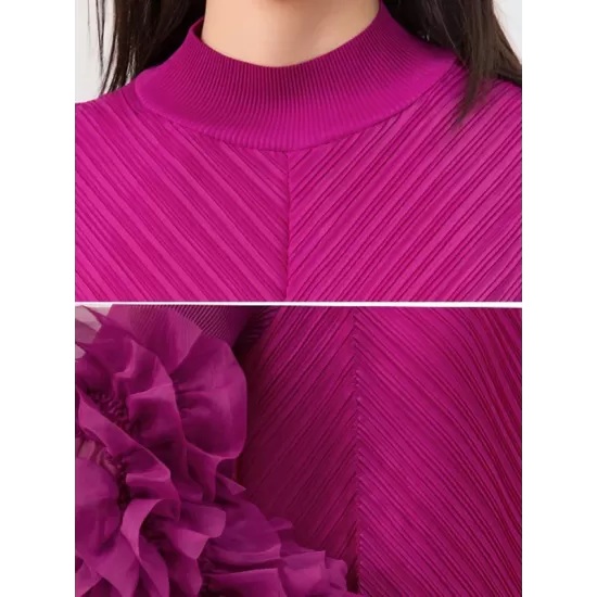 Embroidered Pleated Solid Color Long Sleeves Loose Round-neck Midi Dresses Embroidered Pleated Solid Color Long Sleeves Loose Round-neck Midi Dresses