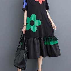 Floral Printed Split-Joint Loose Short Sleeves Round-neck Midi Dresses