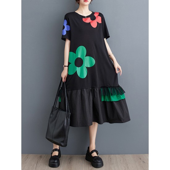Floral Printed Split-Joint Loose Short Sleeves Round-neck Midi Dresses Floral Printed Split-Joint Loose Short Sleeves Round-neck Midi Dresses