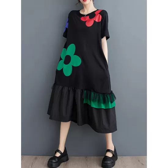 Floral Printed Split-Joint Loose Short Sleeves Round-neck Midi Dresses Floral Printed Split-Joint Loose Short Sleeves Round-neck Midi Dresses