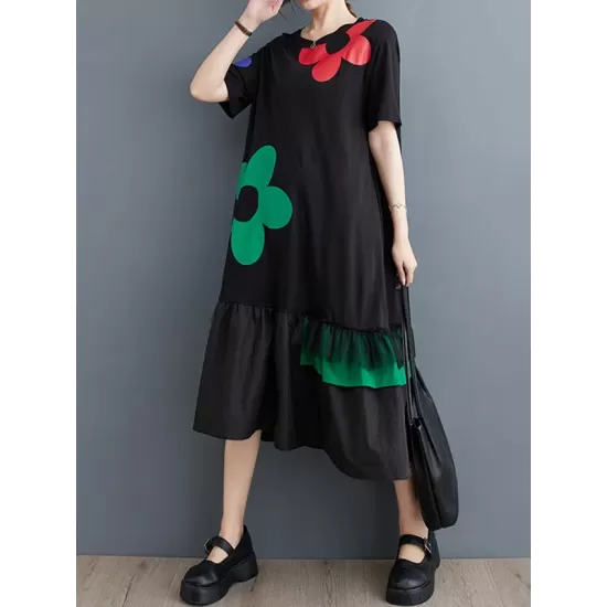 Floral Printed Split-Joint Loose Short Sleeves Round-neck Midi Dresses Floral Printed Split-Joint Loose Short Sleeves Round-neck Midi Dresses