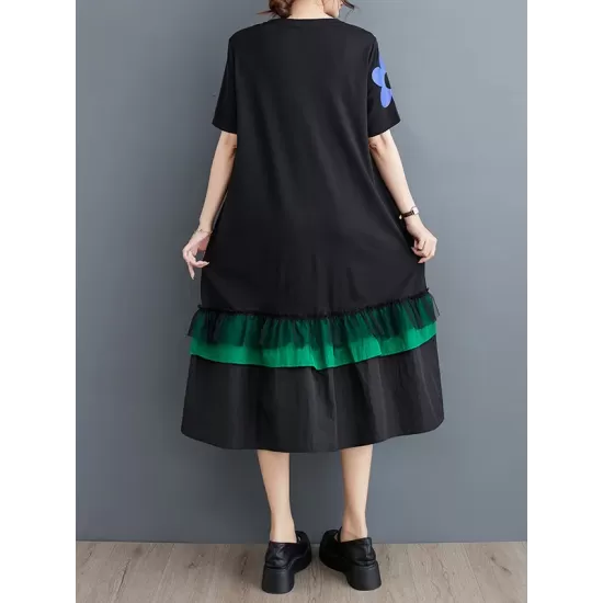 Floral Printed Split-Joint Loose Short Sleeves Round-neck Midi Dresses Floral Printed Split-Joint Loose Short Sleeves Round-neck Midi Dresses