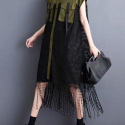 Gauze Pockets Split-Joint Tasseled Short Sleeves Lapel Midi Dresses
