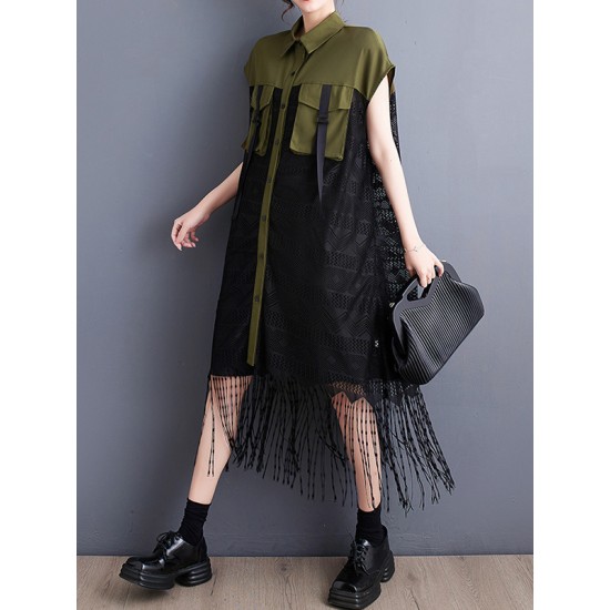 Gauze Pockets Split-Joint Tasseled Short Sleeves Lapel Midi Dresses Gauze Pockets Split-Joint Tasseled Short Sleeves Lapel Midi Dresses