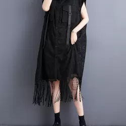 Gauze Pockets Split-Joint Tasseled Short Sleeves Lapel Midi Dresses