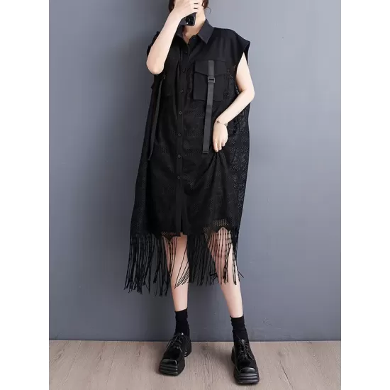 Gauze Pockets Split-Joint Tasseled Short Sleeves Lapel Midi Dresses Gauze Pockets Split-Joint Tasseled Short Sleeves Lapel Midi Dresses