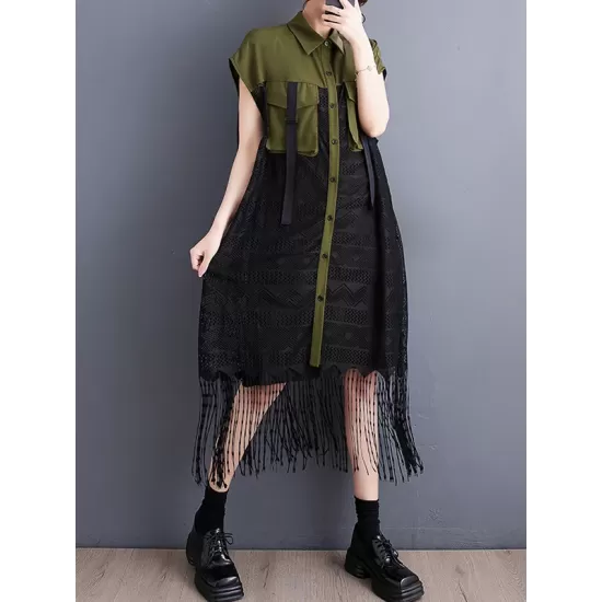 Gauze Pockets Split-Joint Tasseled Short Sleeves Lapel Midi Dresses Gauze Pockets Split-Joint Tasseled Short Sleeves Lapel Midi Dresses