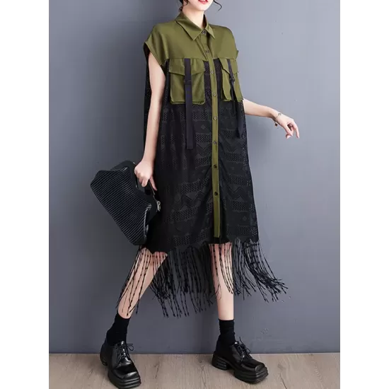 Gauze Pockets Split-Joint Tasseled Short Sleeves Lapel Midi Dresses Gauze Pockets Split-Joint Tasseled Short Sleeves Lapel Midi Dresses