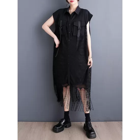 Gauze Pockets Split-Joint Tasseled Short Sleeves Lapel Midi Dresses Gauze Pockets Split-Joint Tasseled Short Sleeves Lapel Midi Dresses