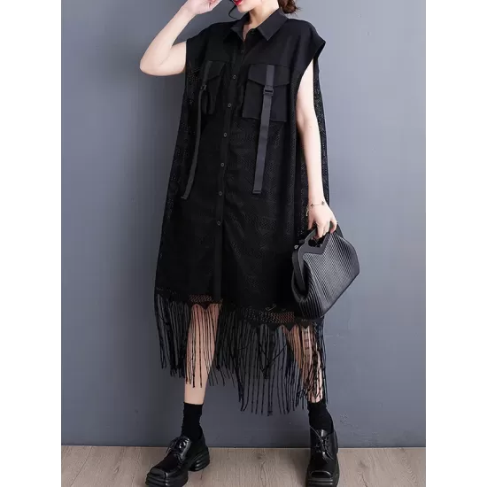 Gauze Pockets Split-Joint Tasseled Short Sleeves Lapel Midi Dresses Gauze Pockets Split-Joint Tasseled Short Sleeves Lapel Midi Dresses