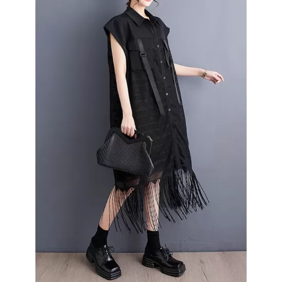 Gauze Pockets Split-Joint Tasseled Short Sleeves Lapel Midi Dresses Gauze Pockets Split-Joint Tasseled Short Sleeves Lapel Midi Dresses