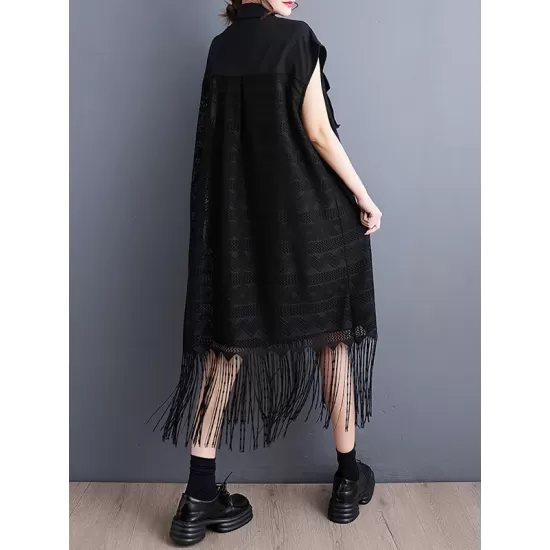 Gauze Pockets Split-Joint Tasseled Short Sleeves Lapel Midi Dresses Gauze Pockets Split-Joint Tasseled Short Sleeves Lapel Midi Dresses