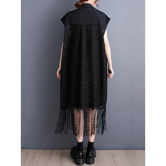Gauze Pockets Split-Joint Tasseled Short Sleeves Lapel Midi Dresses Gauze Pockets Split-Joint Tasseled Short Sleeves Lapel Midi Dresses