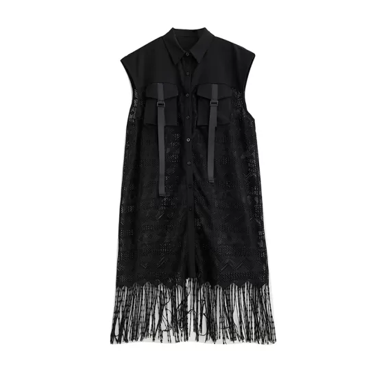 Gauze Pockets Split-Joint Tasseled Short Sleeves Lapel Midi Dresses Gauze Pockets Split-Joint Tasseled Short Sleeves Lapel Midi Dresses