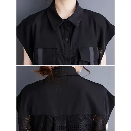 Gauze Pockets Split-Joint Tasseled Short Sleeves Lapel Midi Dresses Gauze Pockets Split-Joint Tasseled Short Sleeves Lapel Midi Dresses