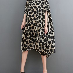 Heart Print Batwing Sleeves Irregular clipping Lapel Midi Dresses