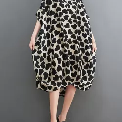 Heart Print Batwing Sleeves Irregular clipping Lapel Midi Dresses