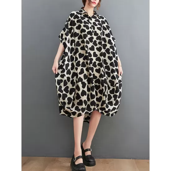 Heart Print Batwing Sleeves Irregular clipping Lapel Midi Dresses Heart Print Batwing Sleeves Irregular clipping Lapel Midi Dresses