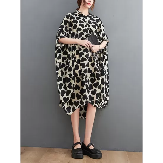 Heart Print Batwing Sleeves Irregular clipping Lapel Midi Dresses Heart Print Batwing Sleeves Irregular clipping Lapel Midi Dresses