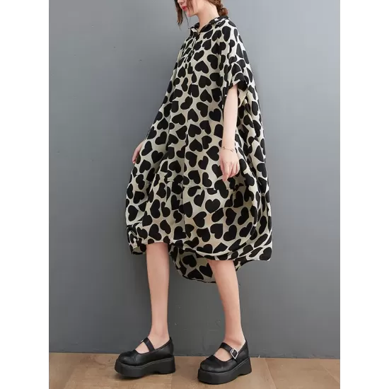 Heart Print Batwing Sleeves Irregular clipping Lapel Midi Dresses Heart Print Batwing Sleeves Irregular clipping Lapel Midi Dresses